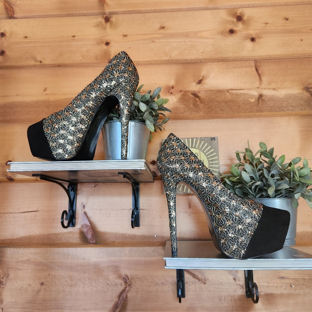 Shoedazzle Shamane Sequin Platform Heels‎ Black Gold Stiletto Suede Pumps Sz 9.5 - Picture 5 of 11
